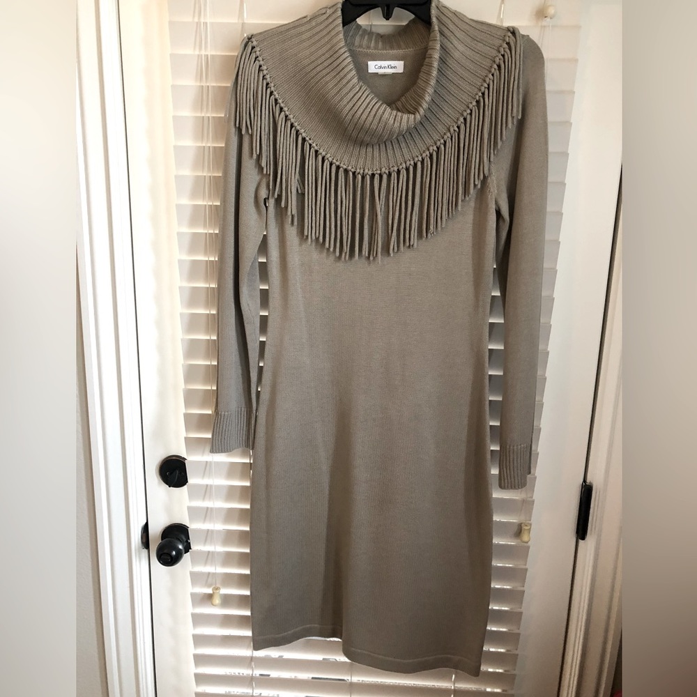 Golden tan fringe sweater dress
